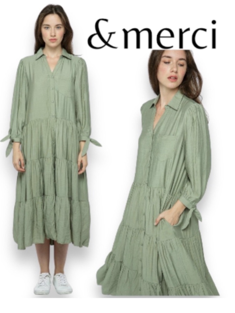 Tiered Button-Front Midi Dress in Olive Green